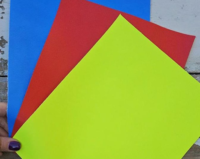3 Selected leather pieces, fluo yellow, red and blue colors, selection of leather remnants as per pictures  10x8" RT282  La Garzarara