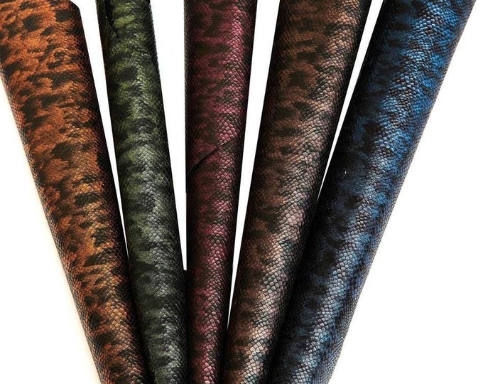 Python printed leather hide multicolor orange green burgundy brown blue, reptile textured goat skin   B16561-MT(st)  La Garzarara