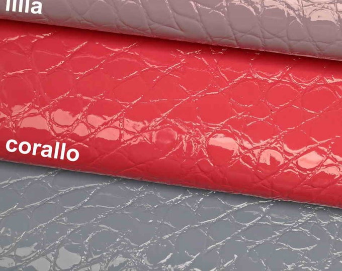 Glossy CROCODILE Patent leather hide embossed croco calfskin skin, lilac coral sky blue, 1.1-1.3 mm B12225-ST La Garzarara