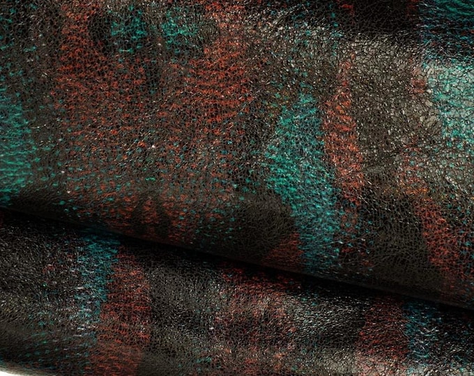 Glossy textured leather skin, black red green ABSTRACT PATTERN on goatskin, thin soft material for hobbyists   0.5 - 0.6 mm   B19654-ST