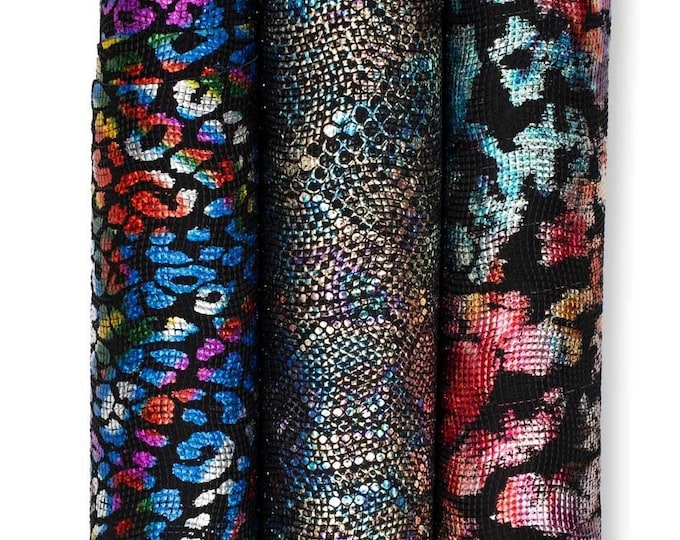Holographic MULTICOLOR leather skins, METALLIC textured goatskins - leopard, reptile, abstract textured hides B19732-MT(st) La Garzarara