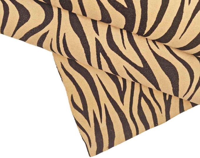 ZEBRA textured leather hides - animal printed suede cowhides - beige zeb texture on velour calf skins  B13830-ST