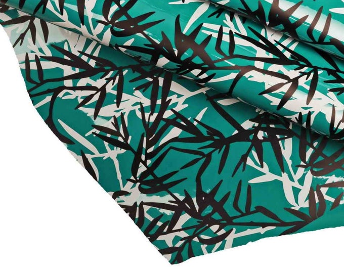 Leaves Printed leather hides, black and white floral pattern on  yellow green goatskins - patent glossy skins  B13521-ST La Garzarara