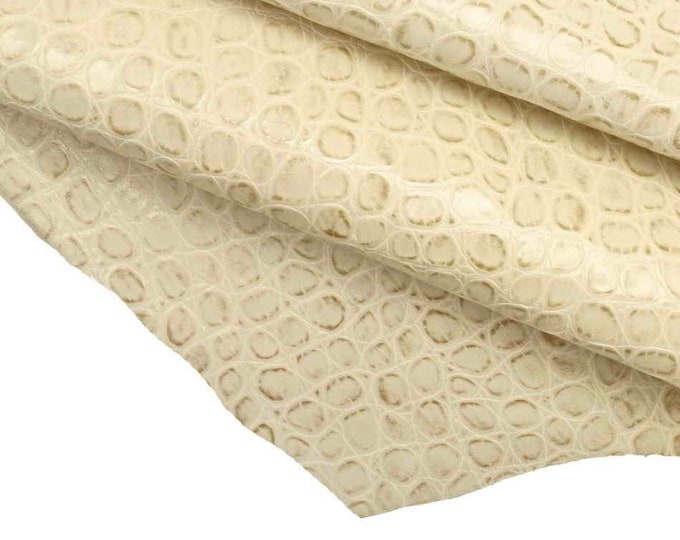 Beige cream CROCODILE leather hides - croc embossed cowhide - antiqued  printed italian skins B12303-ST La Garzarara
