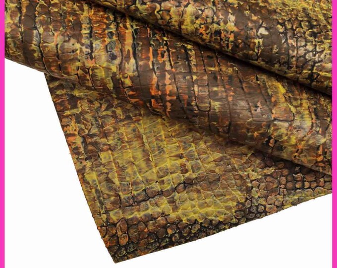 MULTICOLORED embossed CROCODILE leather hide, brown yellow hadcrafted  croc calfskin, stiff cowhide B14076-DM/B La Garzarara