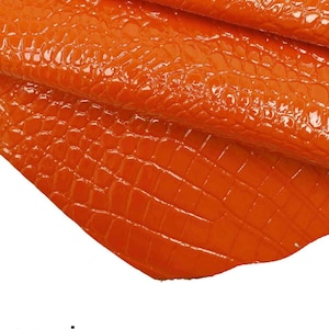 Orange CROC LEATHER hide, crococdile embossed skins -lacquer printed goat skin B12220-ST La Garzarara