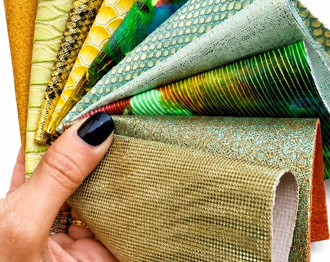 Green Yellow Leather Scraps, Gold Reptile Offcuts, Metallic Snake Textured Pieces for Jewelry and Crafts  R102