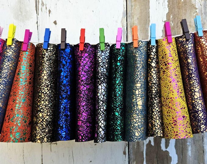 10 Colorful Printed Leather Scraps RANDOM selection, CRACKLED metallic printed leather pieces  6x5" / 15x12 cm  RT349