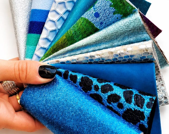 Turquoise Leather Offcuts, Blue Metallic Scraps, Snake Animal Print Pieces for DIY Jewelry   R103