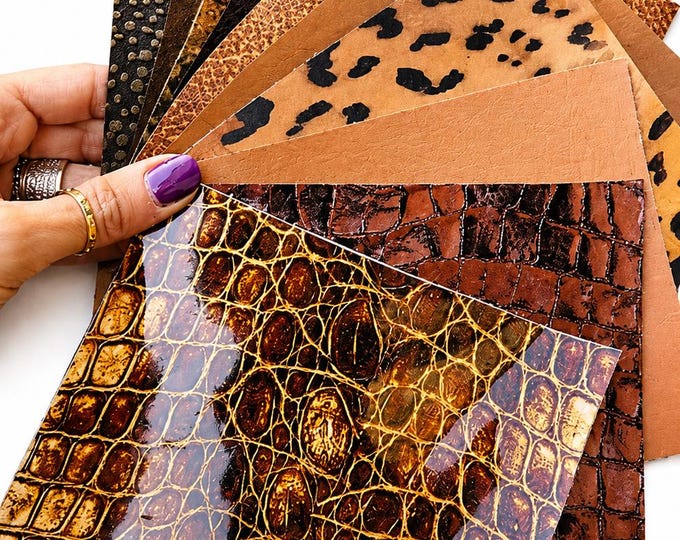Cognac Brown Leather Pieces, Assorted Crocodile Print Scraps, Reptile Pattern Remnants and Bronze Offcuts RT270