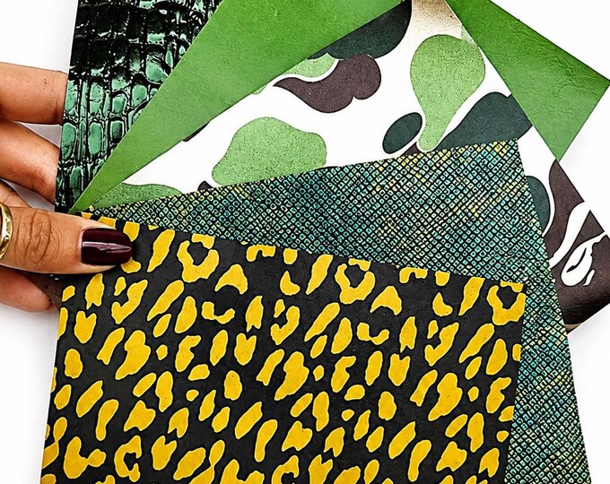Wild Green Leather Remnants, Yellow Leopard Scraps, Emerald Croc and Camo Craft Pieces RT225    La Garzarara