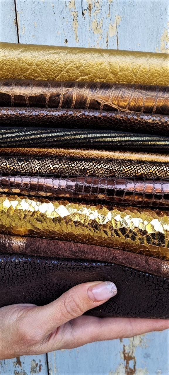 7 Selected leather scraps, warm tones, light GOLD, BROWN, GREEN, mix  colorful selection leather remnants as per picture