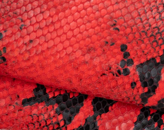 Red - black PYTHON leather hide, snake printed GLOSSY calfskin, reptile textured soft cowhide, 0.7 - 0.9 mm B19622-ST La Garzarara