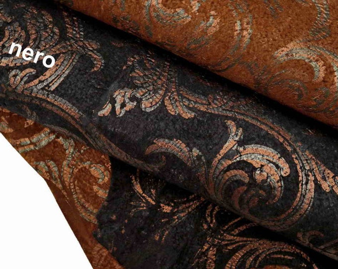 Baroque leather skin, suede goatskins with green/orange floral gothic style metallic print, very soft, 2 colours  B15586-MT(ST) La Garzarara