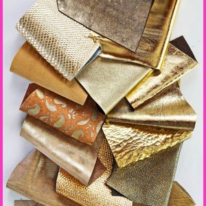 Sacchetto di ritagli di pelle miste, color ORO, stampe, fantasie e morbidezze varie   0,300 kg    B1370-RC   La Garzarara