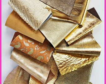 Leather SCRAPS bag, GOLD color, fancy textures, foils and softness various  0,7 lbs - 0,300 kg   B1370-RC     La Garzarara