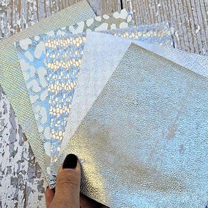 5 Ritagli di pellami unici selezionati, argento, platino e iridescente, stampe varie,laminate e non,pezzi mix di fantasie come da foto RT235