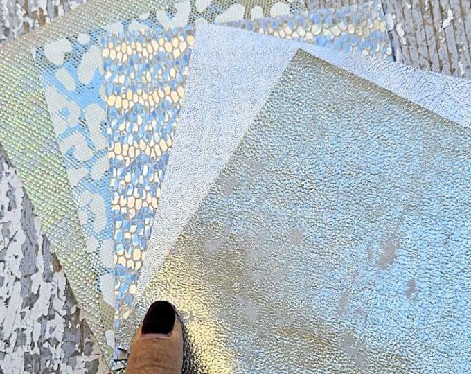 5 Selected leather scraps,silver, platinum, iridescent tones, printed and metalic printed,mix selection leather pieces as per pictures RT235