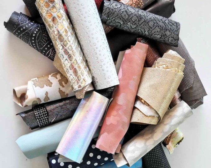Printed Metallic Leather Scraps, Assorted Renmants Patterns, Foil and Shimmer Finish Leather Pieces    B003 La Garzarara
