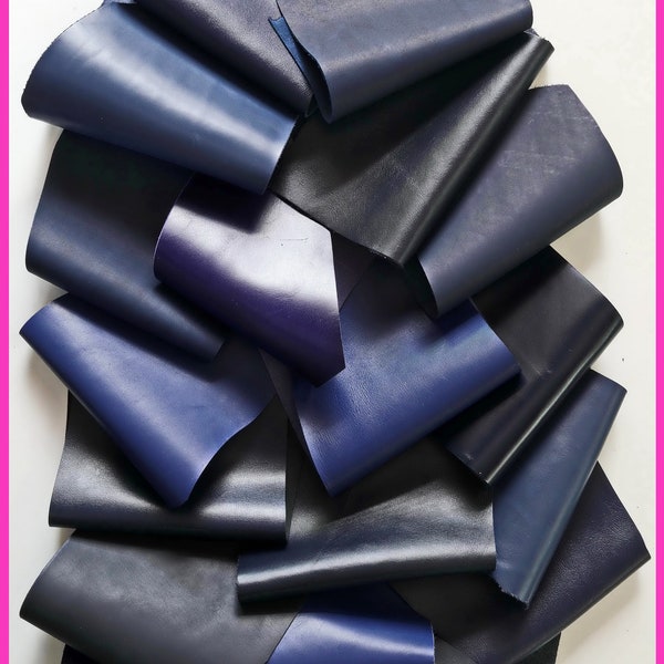 Sachet de chutes de cuir de VEAU LISSE couleur unie ton BLEU différentes finitions et douceur de 1,0 à 1,3 mm 1/2 kg - 1 kg B116