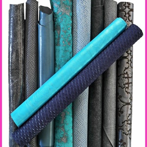 Scampoli di pelli miste, tonalità di BLU e GRIGIO in diverse stampe e colori, ideali per l'artigianato  10 o 15 pz  B094  La Garzarara