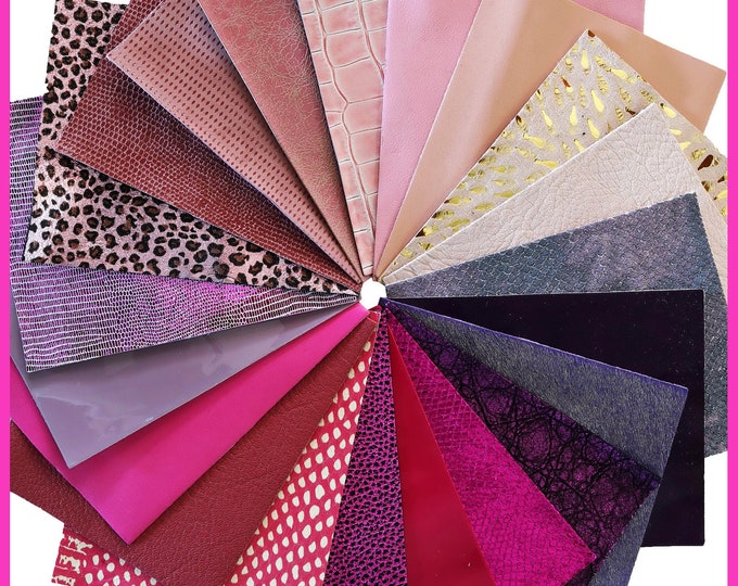 Stock of 12 MIXED PIECES pink and purple, pre cut leather hide, printed, metallic random selection, 5 x 6 inches B14455-PZ La Garzarara