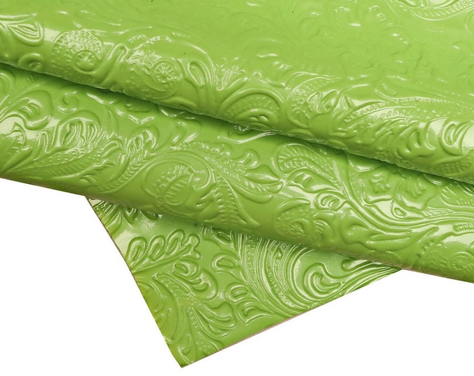 FLORAL embossed PATENT leather hide, green orange glossy cowhide, relief flower print on calfskin, medium softness B16261-ST La Garzarara