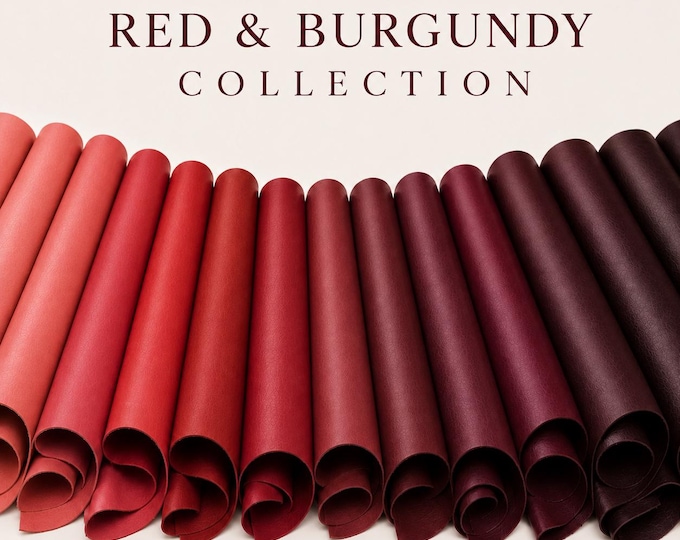 Red and Burgundy leather collection, genuine leather hides, smooth and pebbled, calfskin, lambskin and goatskin, textures for bags and DIY
