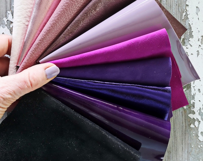 10 PINK and PURPLE leather scraps, metallic and not, smooth, solid tones, random assortment, grains various    B1544  La Garzarara