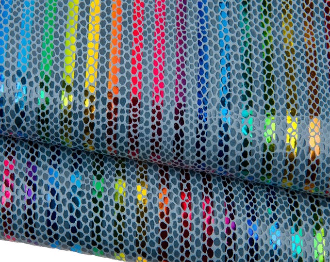 Multicolor STRIPED printed leather skin, dark grey snake textured on purple goatskin, RAINBOW textured hide B18437-MT(st) La Garzarara