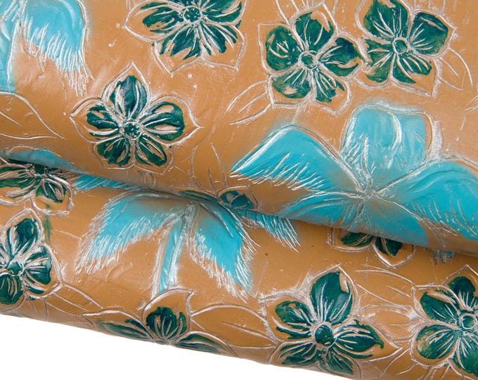 FLORAL printed leather hide, green and turchoise flower texture - with silver borders - on brown calfskin, fine embossed cowhide B18496-ST