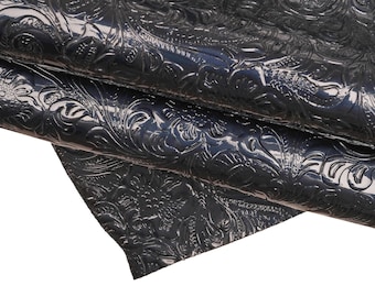 FLORAL embossed PATENT leather hide, green blue black glossy cowhide, relief flower print on calfskin B16262-ST La Garzarara