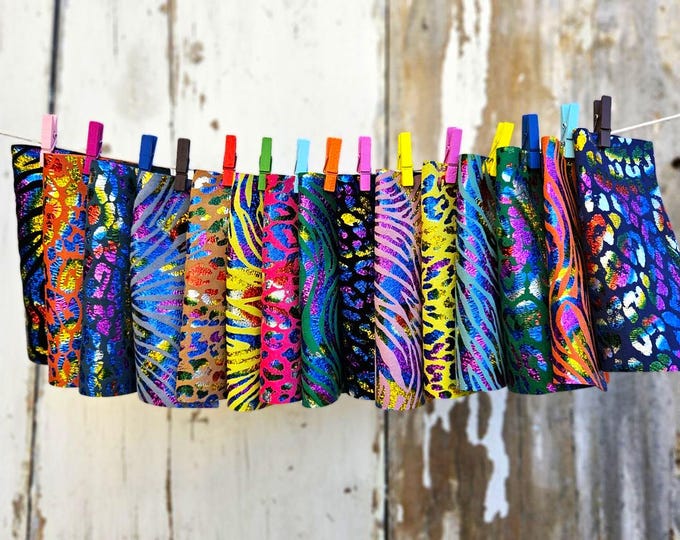 10 Colorful printed leather scraps RANDOM selection ZEBRA CHEETAH bright and colorful metallic printed leather pieces  6x5" / 15x12 cm RT222