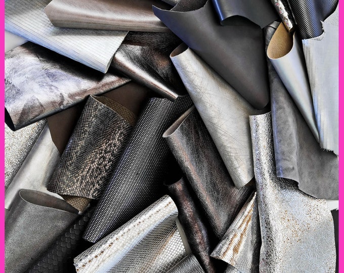 Leather scraps bag, SILVER and GREY tones, fancy textures, foils and softness various, in total for 1 lbs and 2 lbs B082