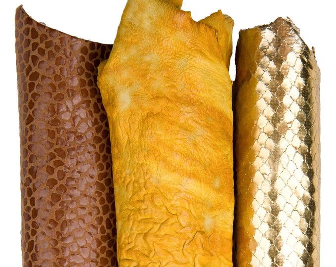 Yellow mustard leather hide wrinkled effect, brown pebbled skin coordinated lot, GOLD python as per pictures B18271-MT(ST) La Garzarara