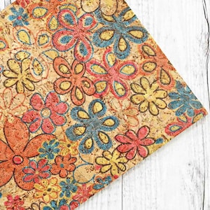 COLORFUL CORK printed  sheets - vegan fabric textured pieces - multicolor floral cork 4 x 6 " / 8 x 10" / 12 x 12"  B903/bis   La Garzarara