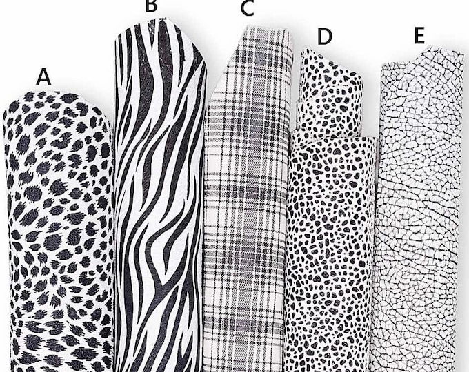 Black white leather skins, printed ANIMAL zebra PLAID crackled leopard pattern, soft and matt leather hides for diy projects B19181-ST