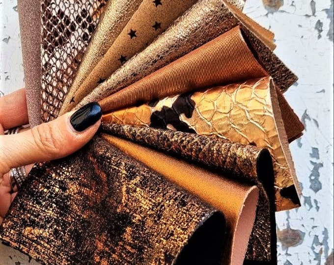 10 Selected leather scraps, SAND and BRONZE colors, printed and foils various, mix selection pre-cut leather remnants as per pictures  R101