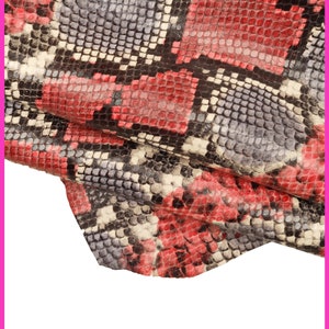 PYTHON textured LEATHER skin, red grey black reptile print glossy goatskin, soft snake printed hide B15419-ST La Garzarara