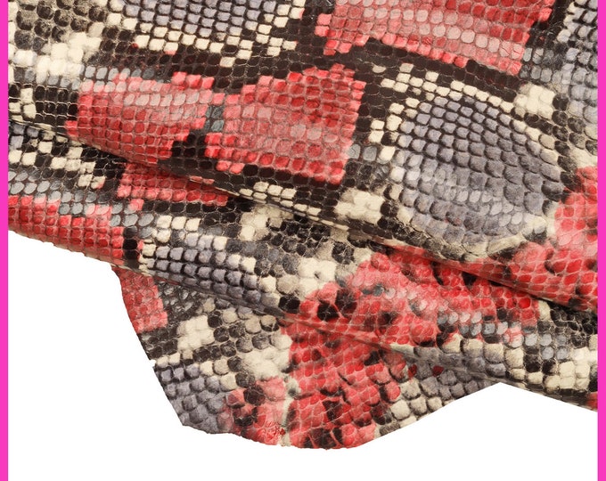 PYTHON textured LEATHER skin, red grey black reptile print glossy goatskin, soft snake printed hide B15419-ST La Garzarara