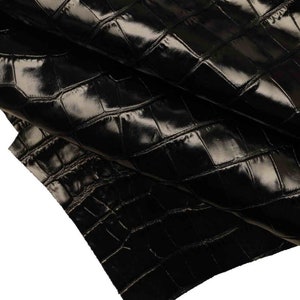 Black CROCODILE embossed leather hide, GLOSSY alligator printed cowhide, quite stiff calfskin for crafting B18268-TB La Garzarara