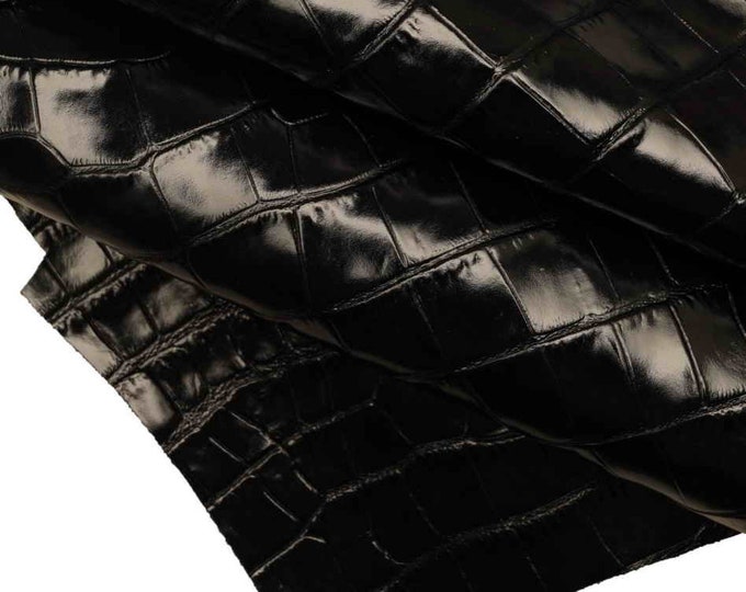Black CROCODILE embossed leather hide, GLOSSY alligator printed cowhide, quite stiff calfskin for crafting B18268-TB La Garzarara