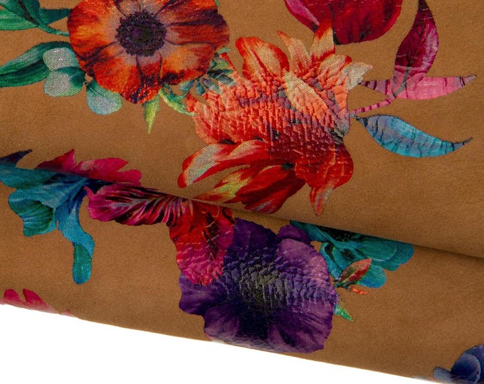 FLORAL print on brown leather skin, MULTICOLOR flower textured suede goatskin, hide for hobbyists B17818-ST La Garzarara