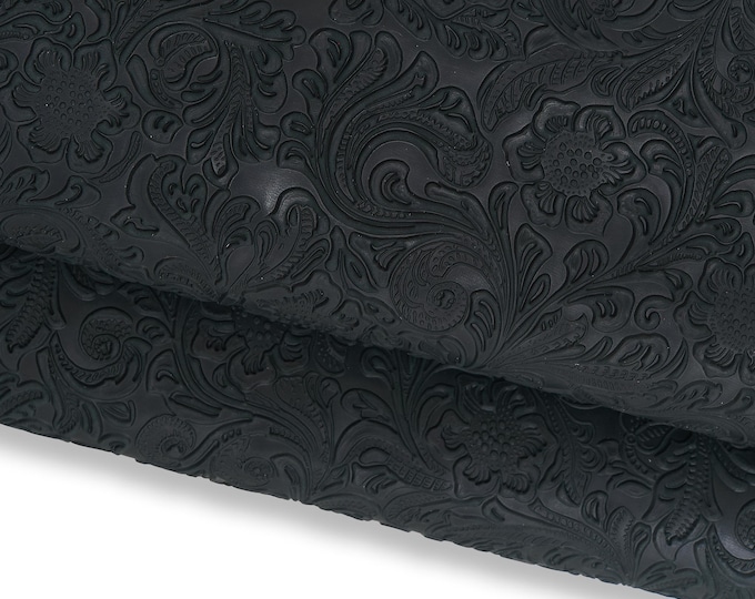 Dark green FLORAL embossed leather hide, CHARRO pattern on calfskin, flower print on semi stiff cowhide 1.0 - 1.2 mm B17234-ST La Garzarara
