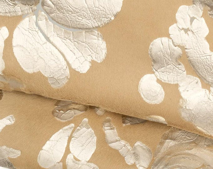 FLORAL  textured hair on leather hide, light gold flower print on beige PONY calfskin, soft hairy cowhide for crafters B19689-CV LaGarzarara
