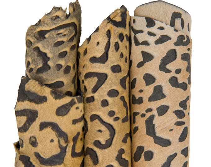 LEOPARD printed HAIR on leather hide, beige-black animal cheetah texture on pony calfskin B17424-CV La Garzarara