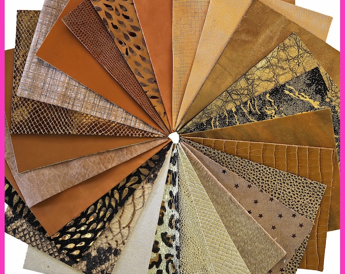 Stock of 12 MIXED PIECES gold, bronze, tan, pre cut leather hide, printed, metallic random selection, 5 x 6 inches B14458-PZ La Garzarara