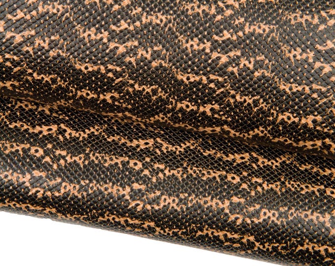 Brown and tan REPTILE embossed leather hide, SNAKE printed cowhide, matt calfskin for diy projects B18579-ST   La Garzarara