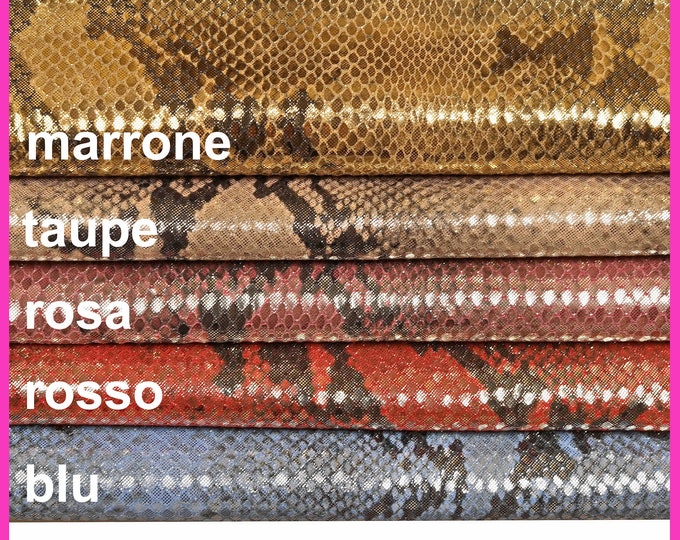 PYTHON printed leather hide, taupe brown red pink metallic calfskin, reptile pattern on soft skin B14855-MT(ST)