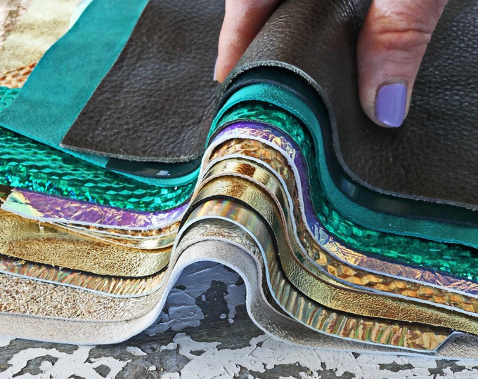 10 PLATINUM GOLD and GREEN leather scraps, metallic and not, smooth, solid tones, random assortment, grains various    B1541  La Garzarara